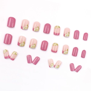 24pcs short square press-on nails with pink purple polish and lemon pattern art