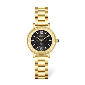 Detail of Scottie women's watch with black chevron dial and gold link bracelet