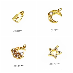 Detailed dimensions of gold star, moon, and lock pendants with zircon inlays