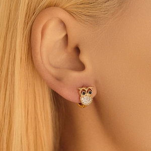 Vintage Owl Huggie Earrings Copper 18K Gold Plated With Zirconia And 18K Gold Earring Post Delicate Animal Jewelry For Women