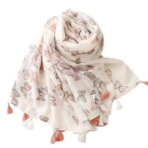 Pink and grey butterfly print scarf with tassels on lightweight cotton-linen fabric