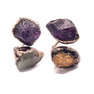 Vintage bronze adjustable ring with raw natural amethyst and fluorite stones on white base