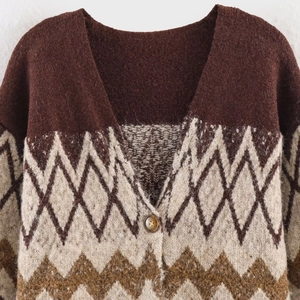 Women's V-neck knit cardigan with geometric diamond patterns and amber buttons