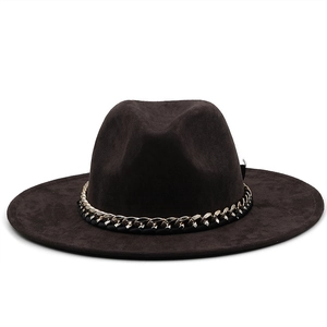 Dark brown wide brim faux suede cowboy hat featuring a chunky acrylic metal chain link