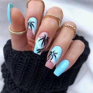 Press On Nails Long Coffin Summer Hawaiian Palm Tree Pattern Blue Pink Gradient Glossy ABS Plastic False Nails Women