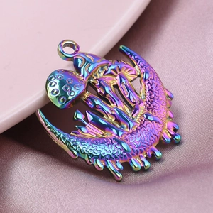Detailed macro view of rainbow iridescent mushroom and moon 304 stainless steel pendants