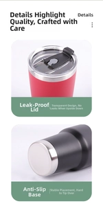 Detail view of the leak-proof lid and non-slip bottom of the stainless steel travel tumbler