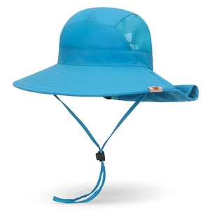 Bright blue kids outdoor sun hat with wide brim, neck flap and breathable mesh panels