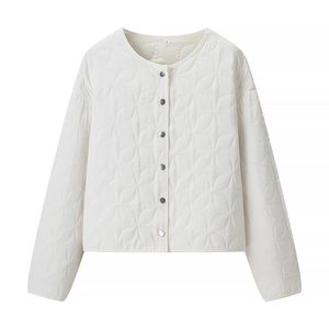 Women's minimalist white quilted round neck jacket with geometric pattern snap buttons
