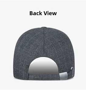Detailed back view of a grey plaid baseball cap with an adjustable silver metal buckle
