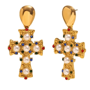 Vintage 18K gold plated stainless steel cross earrings with pearls and colorful crystals