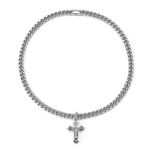 Double-layered silver stainless steel necklace with diamond-set cross pendant and cuban chain