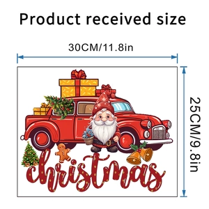 Detailed dimensions of Christmas wall decals with Santa, truck, and gingerbread man