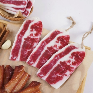 Realistic PVC fatty beef food model with marbling and rustic rope hanger for decor