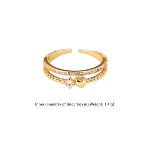 Detail of gold double-layer heart ring with zircon inlay, 1.6cm diameter and 1.4g weight