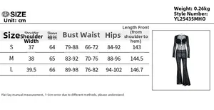Size guide table for long sleeve flocked mesh jumpsuit showing detailed S-L measurements