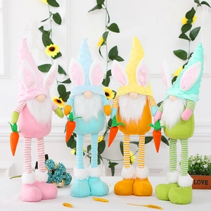 Easter Gnome Bunny Ears Telescopic Legs Plush Doll Standing Handmade Decor Holding Carrot