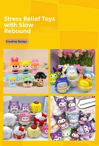 Macro detail of slow-rebound squishy toys featuring various cute cartoon character designs