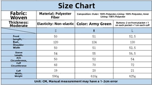 Detailed size chart for olive green flight jacket including measurements and weight