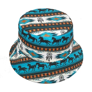 Reversible bucket hat with flying horse patterns and bohemian ethnic sun protection style
