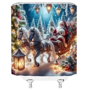 Christmas shower curtain featuring Santa on a white horse-drawn sleigh in a snowy forest
