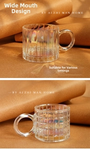 Detailed view of iridescent glass mugs with ribbed and grid textures and round handles
