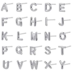 Polished silver alphabet stud earrings set featuring letters A-Z in minimalist style