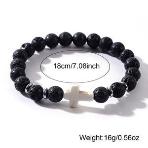 Cross bead bracelet made of black lava stone with dimensions 18cm and weight 16g on white background