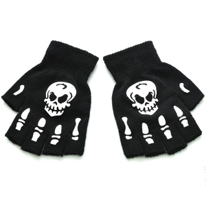 Detail of black fingerless knit gloves with luminous skull bone print for Halloween