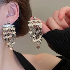 Elegant silver round sequin fringe tassel drop earrings with minimalist ball stud posts