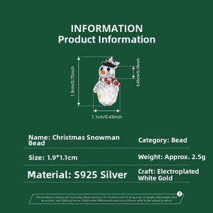 Detail view of S925 sterling silver Christmas snowman charm with faceted crystal body