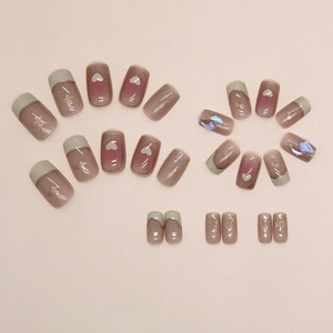 Sweet blush French press-on nails with 3D hearts, glitter, and glass diamonds, 24 pieces