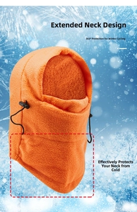 Orange thermal fleece balaclava with extended neck design and adjustable drawstrings