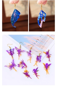 Detail of glitter resin fairy and butterfly wing earrings with gold metal hooks