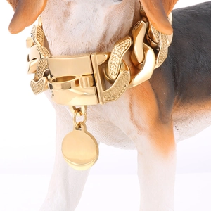 Detailed view of 30mm gold Cuban link pet collar with engraved tag and secure clasp