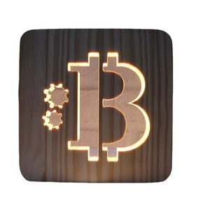 3D Bitcoin logo wooden night light with warm LED glow and gear hollow carving