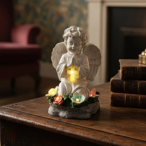 Estatua De Ángel Rejando De Rodillas Solar Figura De Querubín De Resina Con Cruz De Luz LED Para Decoración De Jardín