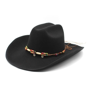 Classic black wool felt fedora hat featuring an ethnic beaded band on a white background