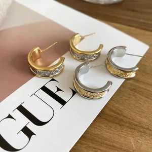 Two-Tone C-Shaped Stud Earrings 18K Gold Plated Hammered Texture Copper With 925 Sterling Silver Earring Post French Retro