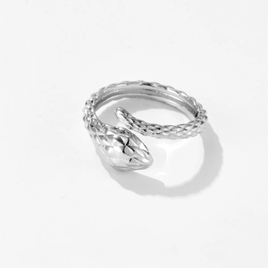 Minimalist silver snake ring with scale texture and open design on white background
