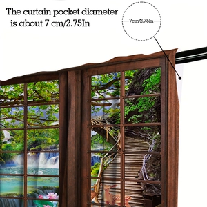 Detail of 7cm rod pocket on 3D nature forest curtain with waterfall and deer pattern