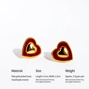 Vintage red heart stud earrings in gold plated brass with handmade enamel finish