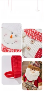 Detail of Christmas stocking featuring snowman embroidery, knit texture, and wooden buttons