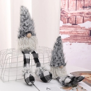Pair of plush Christmas gnomes with grey hats and plaid legs for festive home decor