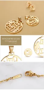 Detailed macro view of gold-plated stainless steel Mama necklace and earrings set