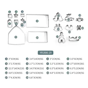 18-piece stainless steel 3D Gingerbread House cookie cutter set with size guide labels