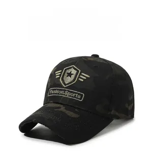 Detailed view of camouflage baseball cap with high-quality embroidery and military shield patch