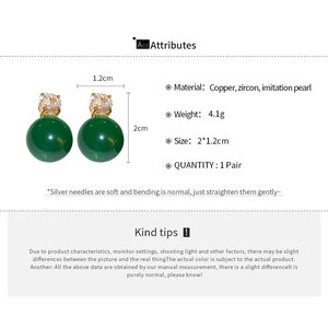 Detailed spec chart of geometric earrings with green zircon beads and faux pearls