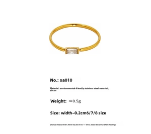 Detail of slim gold ring with rectangle zircon inlay and stainless steel texture