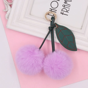 Cute purple cherry plush keychain with green leaf and golden metal ring for bags